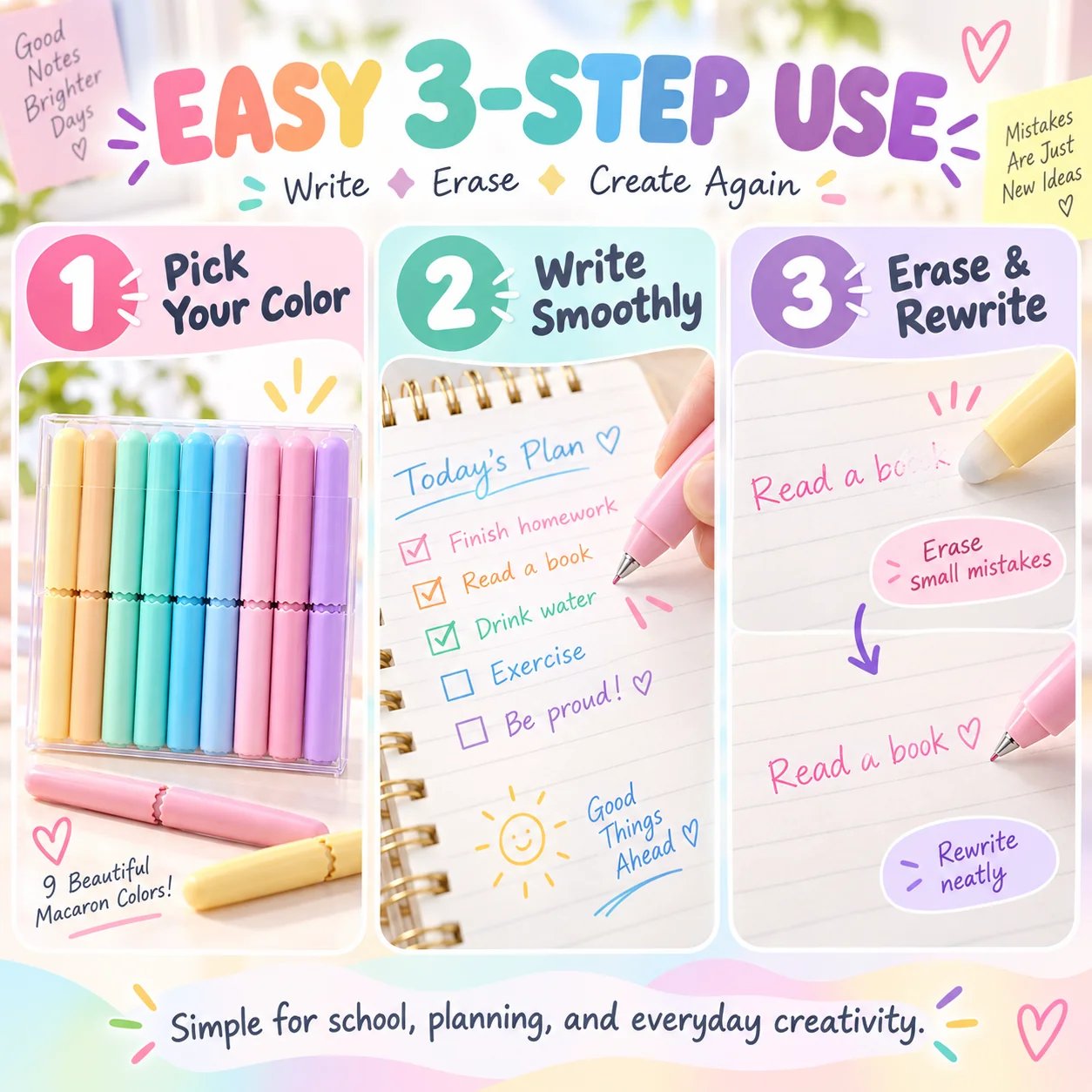 Smooth writing erasable gel pens