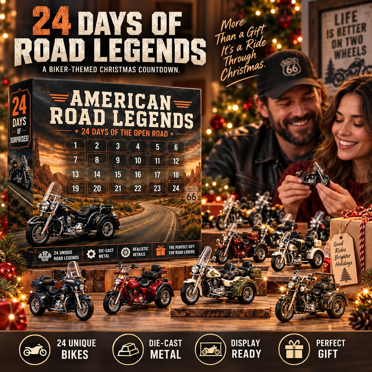 Motorcycle advent calendar promotional artwork with a retro highway box and holiday scene