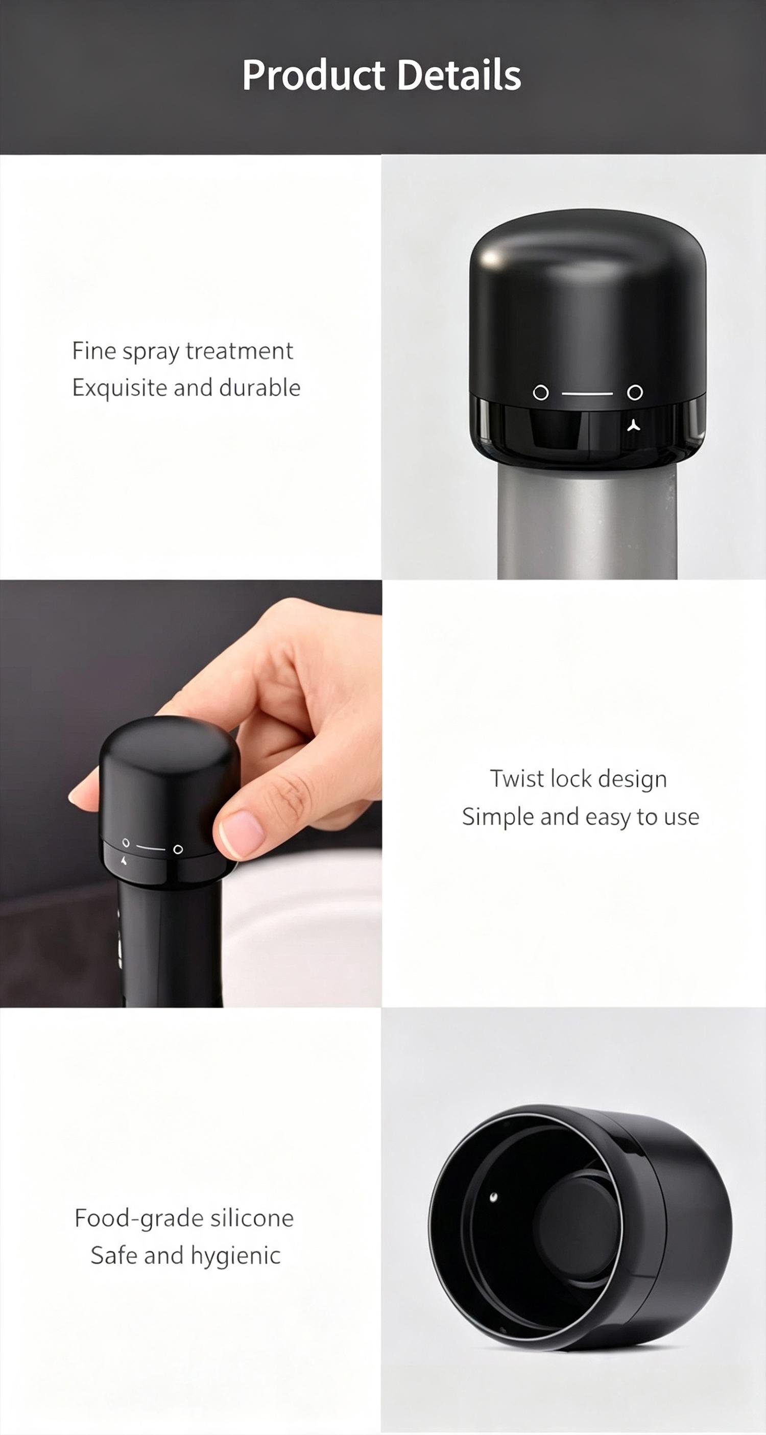 Vacuum wine stopper.Champagne and wine, red wine and liquor, sealing device with built-in vacuum function, leakproof and reusable wine stopper with vent Vacuum wine stopper.Champagne and wine, red wine and liquor, sealing device with built-in vacuum function, leakproof and reusable wine stopper with vent