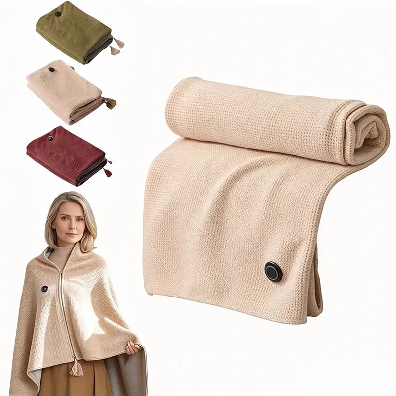 Apricot heated shawl shown folded and worn