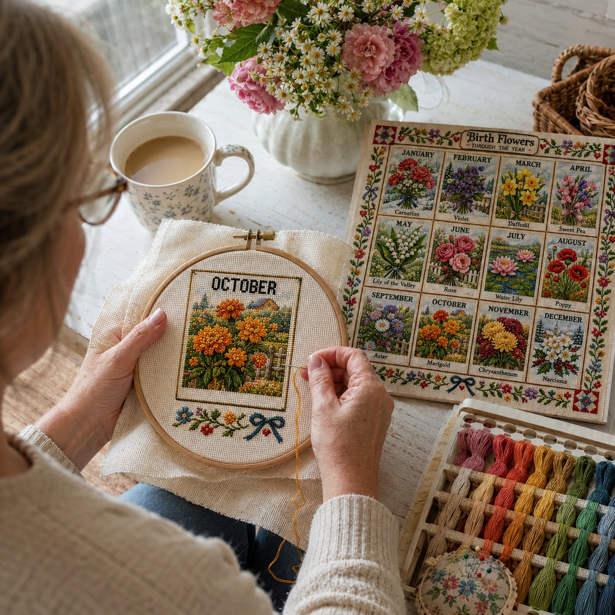 Woman enjoying the 12 Months Through the Year embroidery project