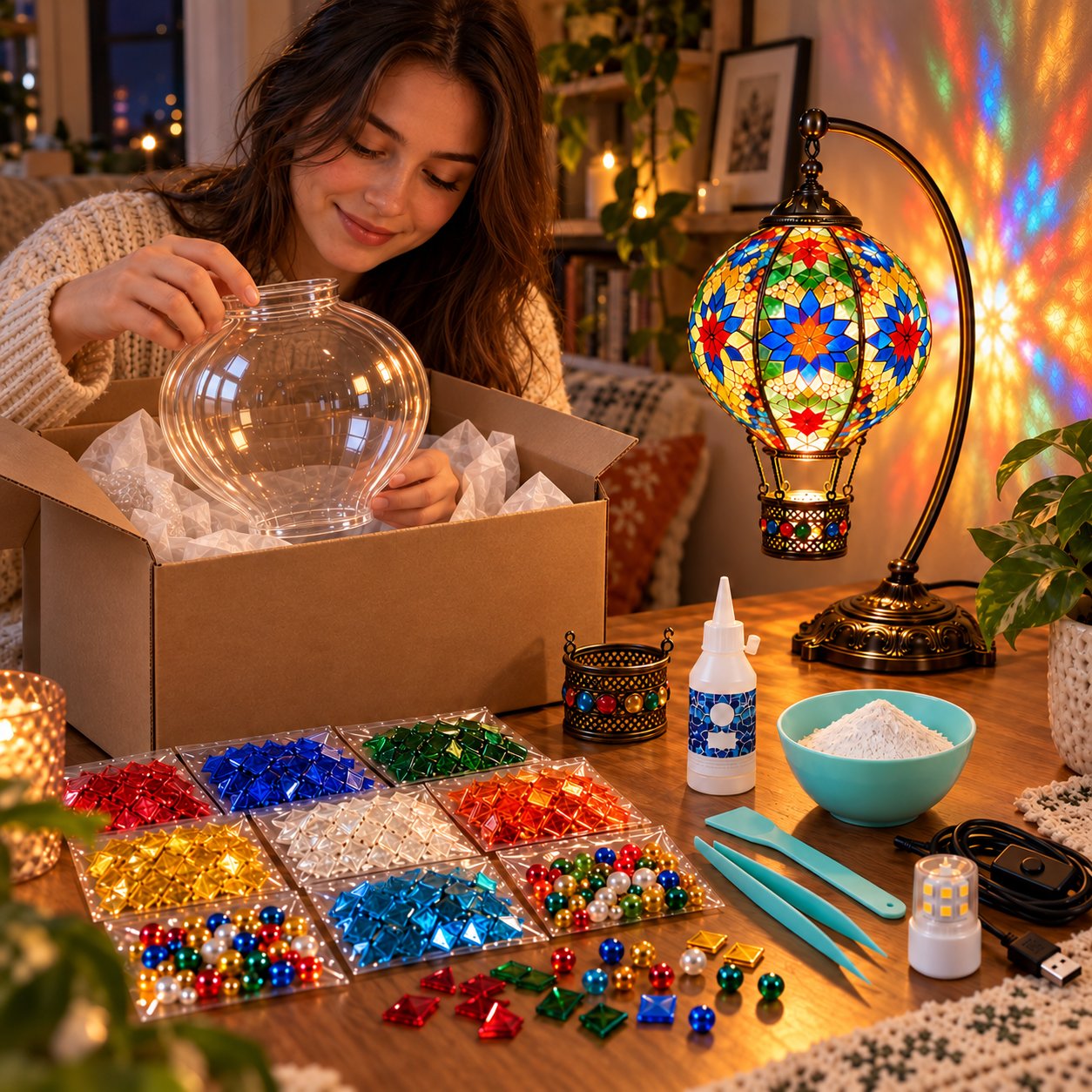 DIY mosaic hot air balloon lamp clear globe being unpacked
