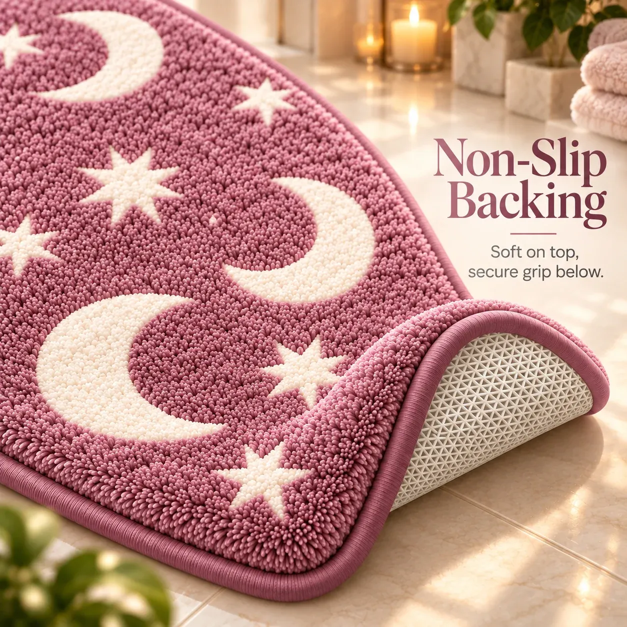 Close-up of the textured backing on a moon and star bath mat