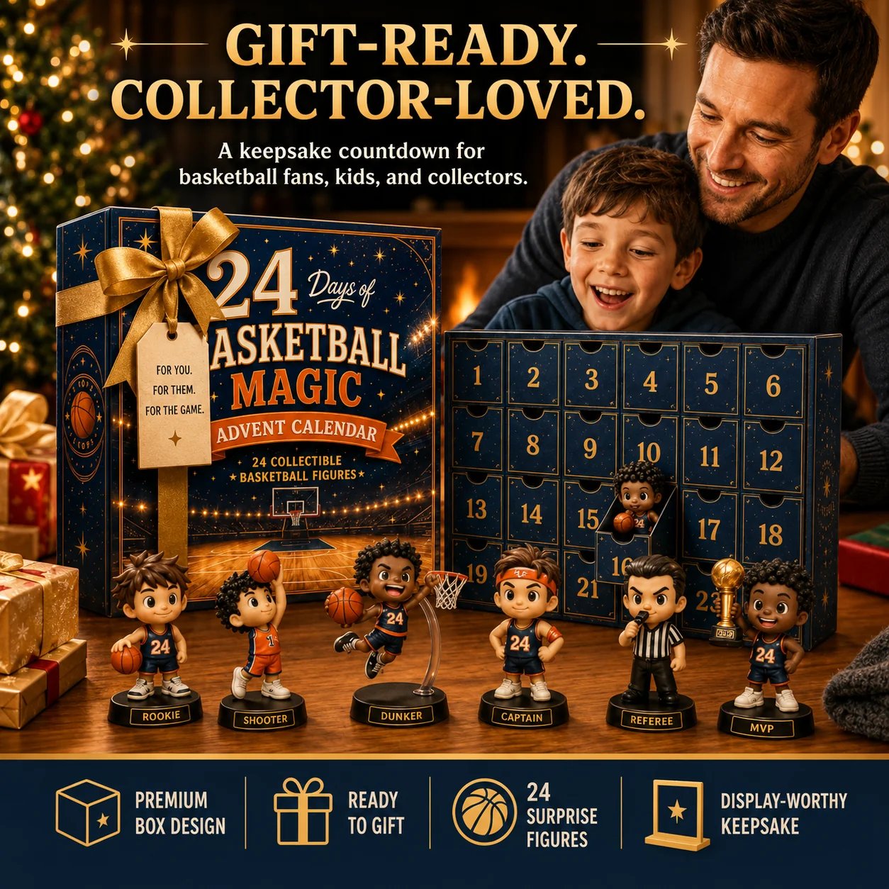 Father and child enjoying a basketball Advent calendar at Christmas