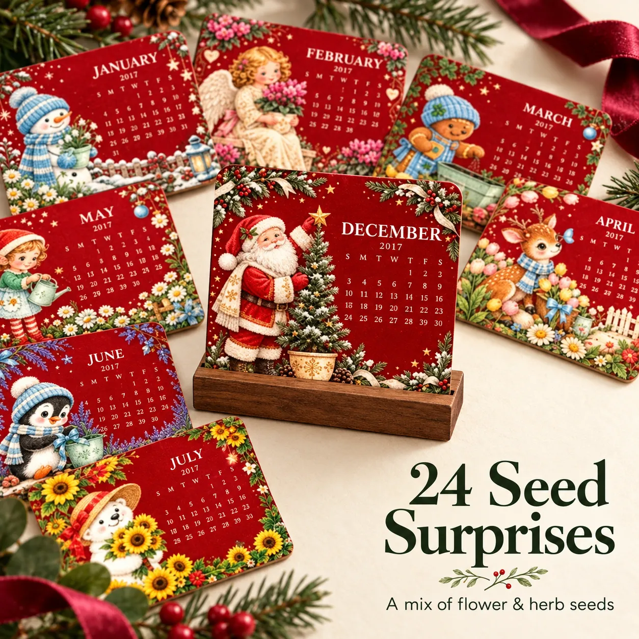 Collection of red Christmas calendar cards with 24 seed surprises