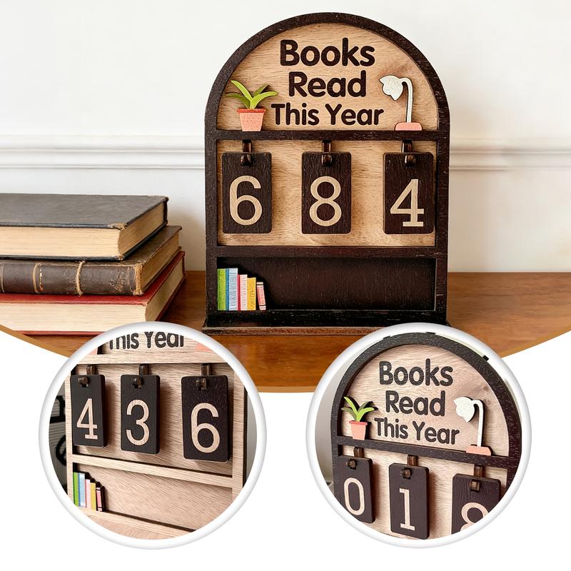 Wooden Annual Reading Count Display Piece, Track Up to 999 Books, DIY Text with Base, Office Book Decor, Gift for Readers & Writers, Home Office Decor