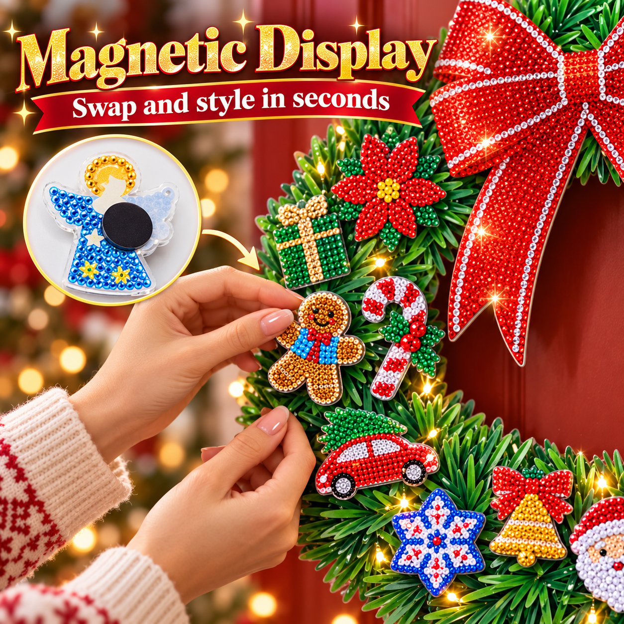 Magnetic crystal motifs attached and rearranged on Christmas wreath