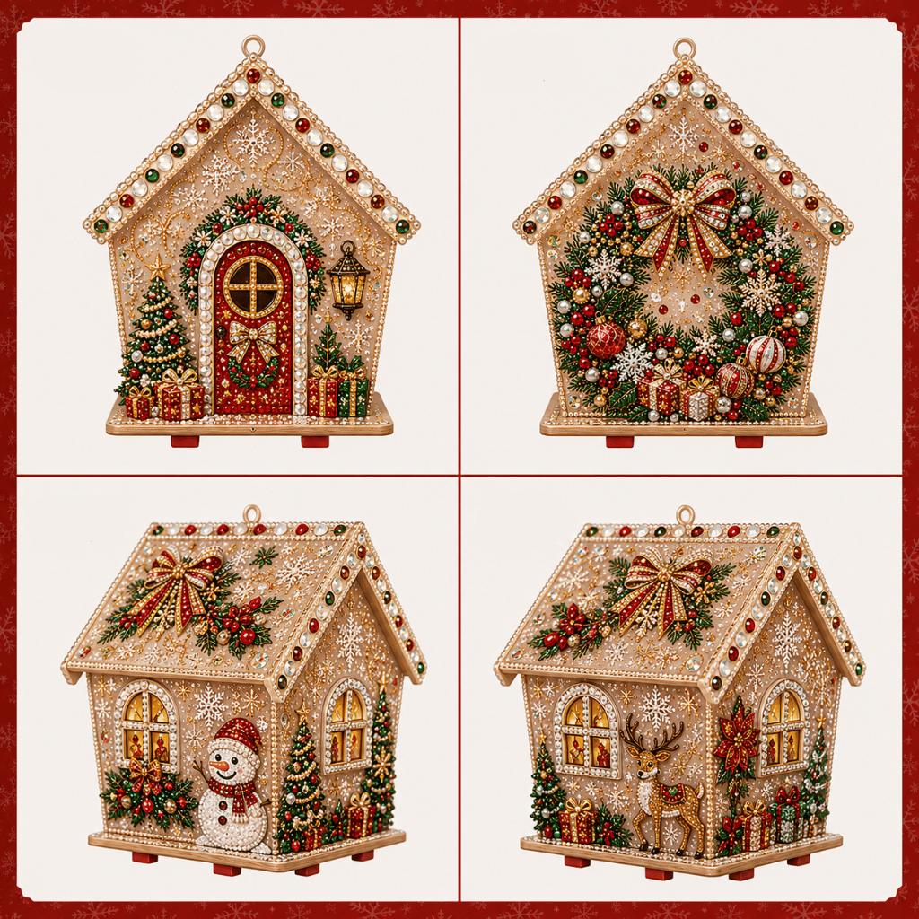 Christmas Wreath Rhinestone Wooden House Display