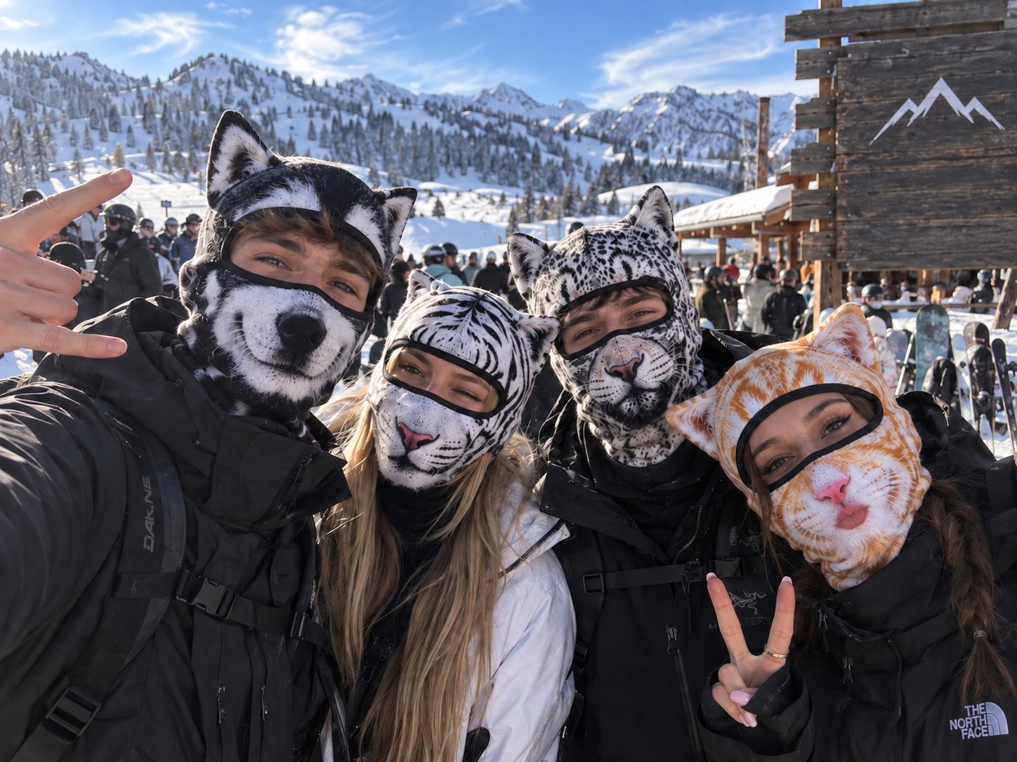 Friends wearing animal ski balaclavas at apres ski