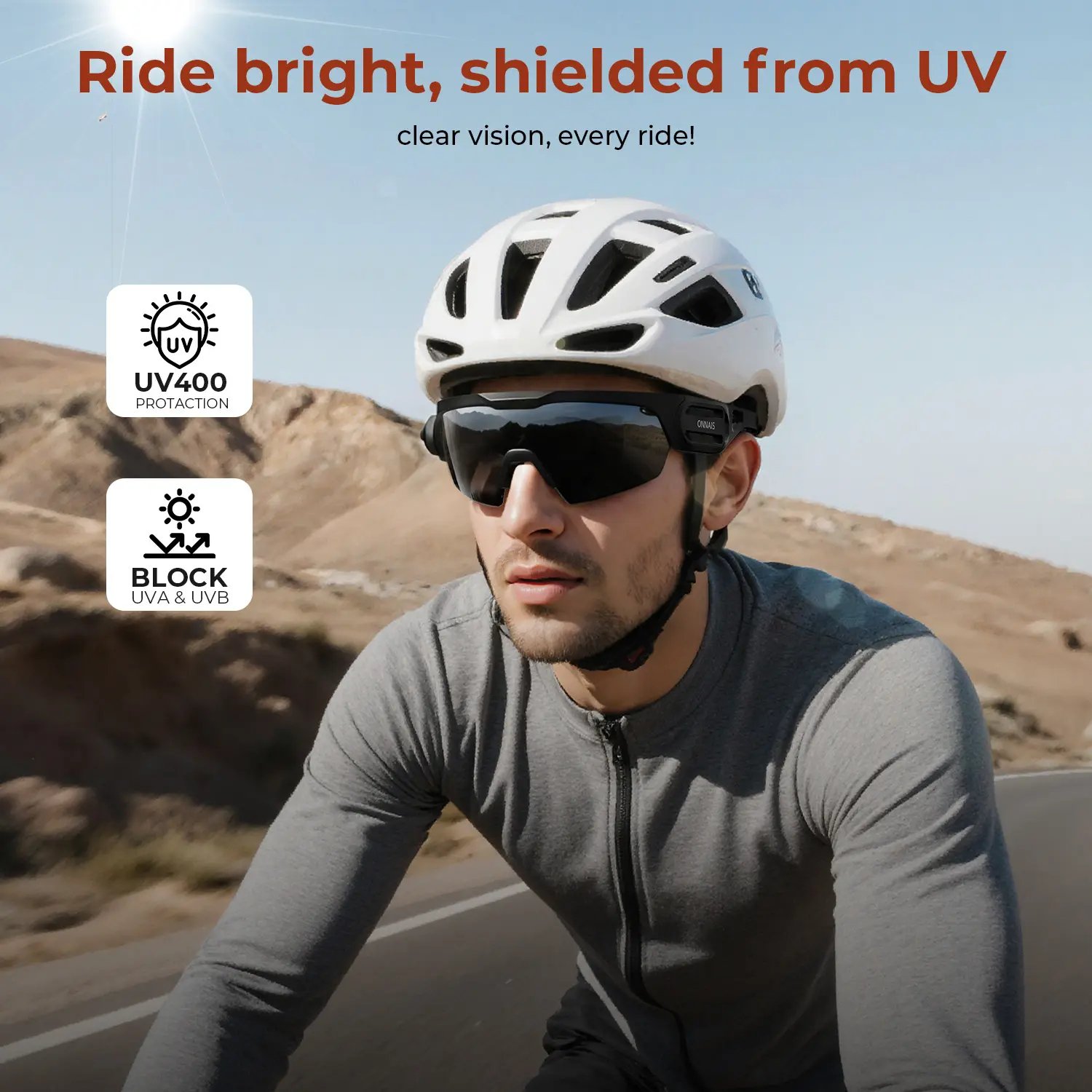 Cyclist wearing safety goggles with UV400 protection
