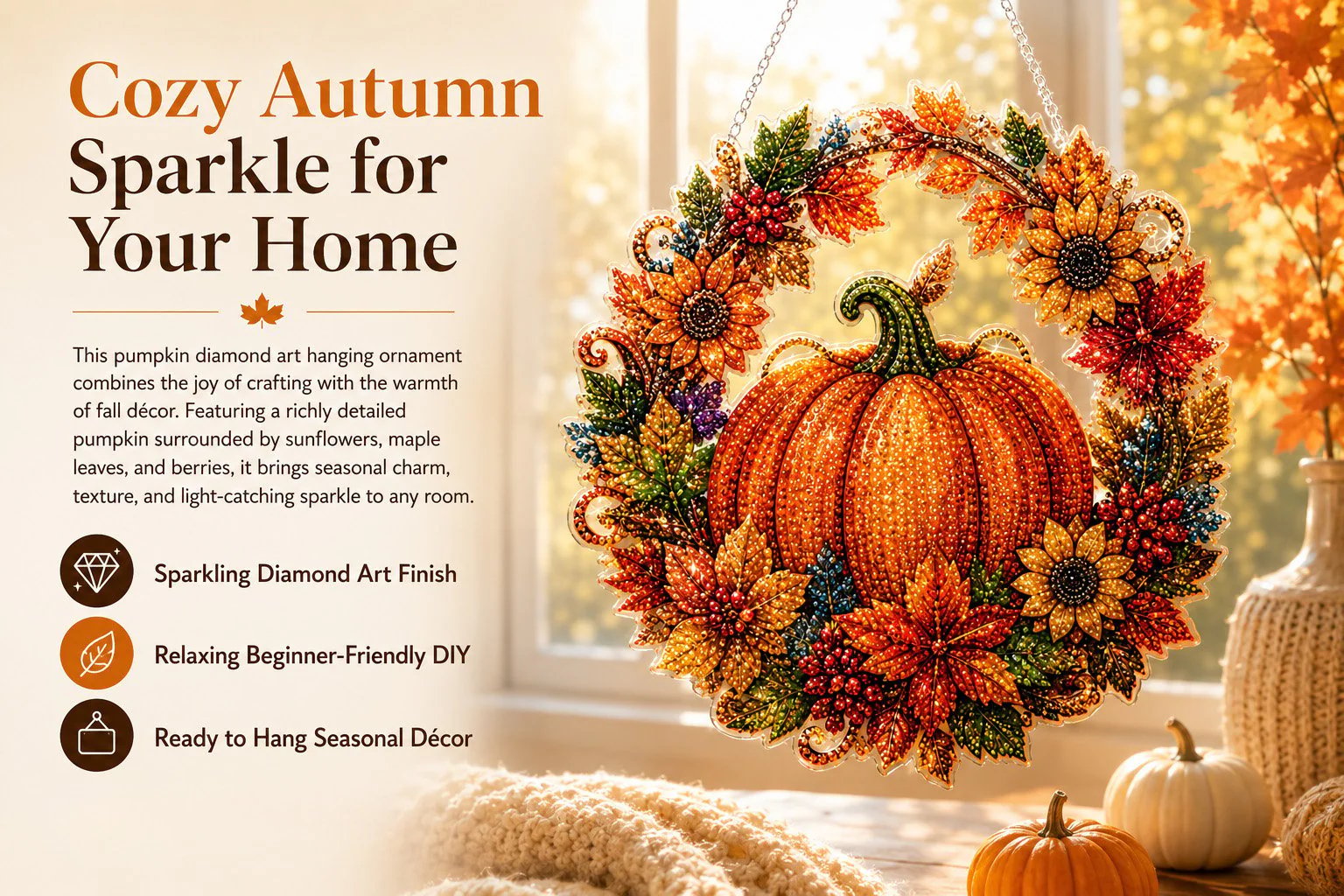 Close-up of pumpkin and sunflower diamond art design