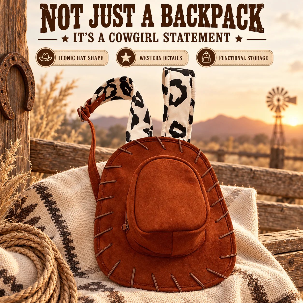 Western cowboy hat-shaped backpack in brown