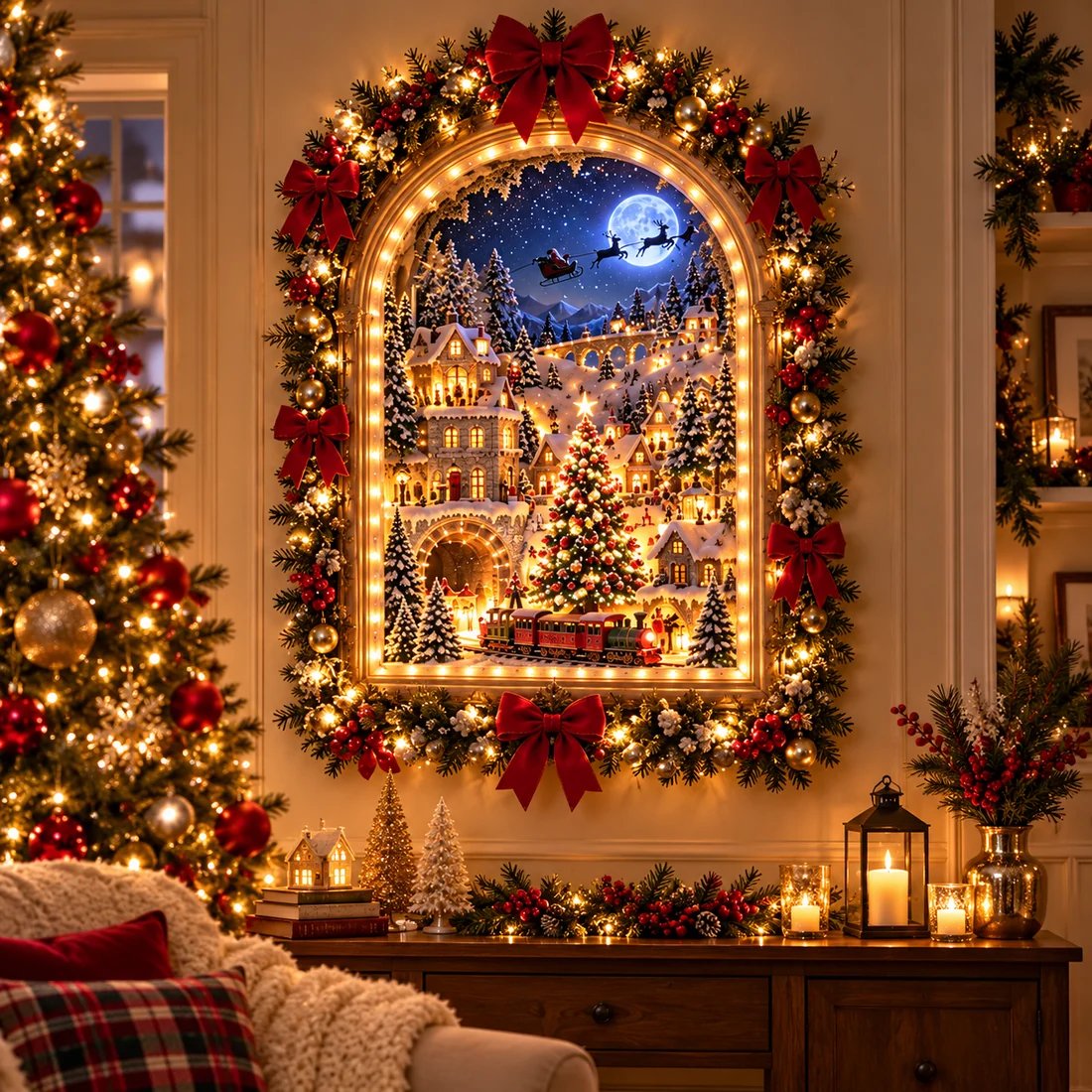 Arched Christmas village display with snowy houses, a red train, Santa