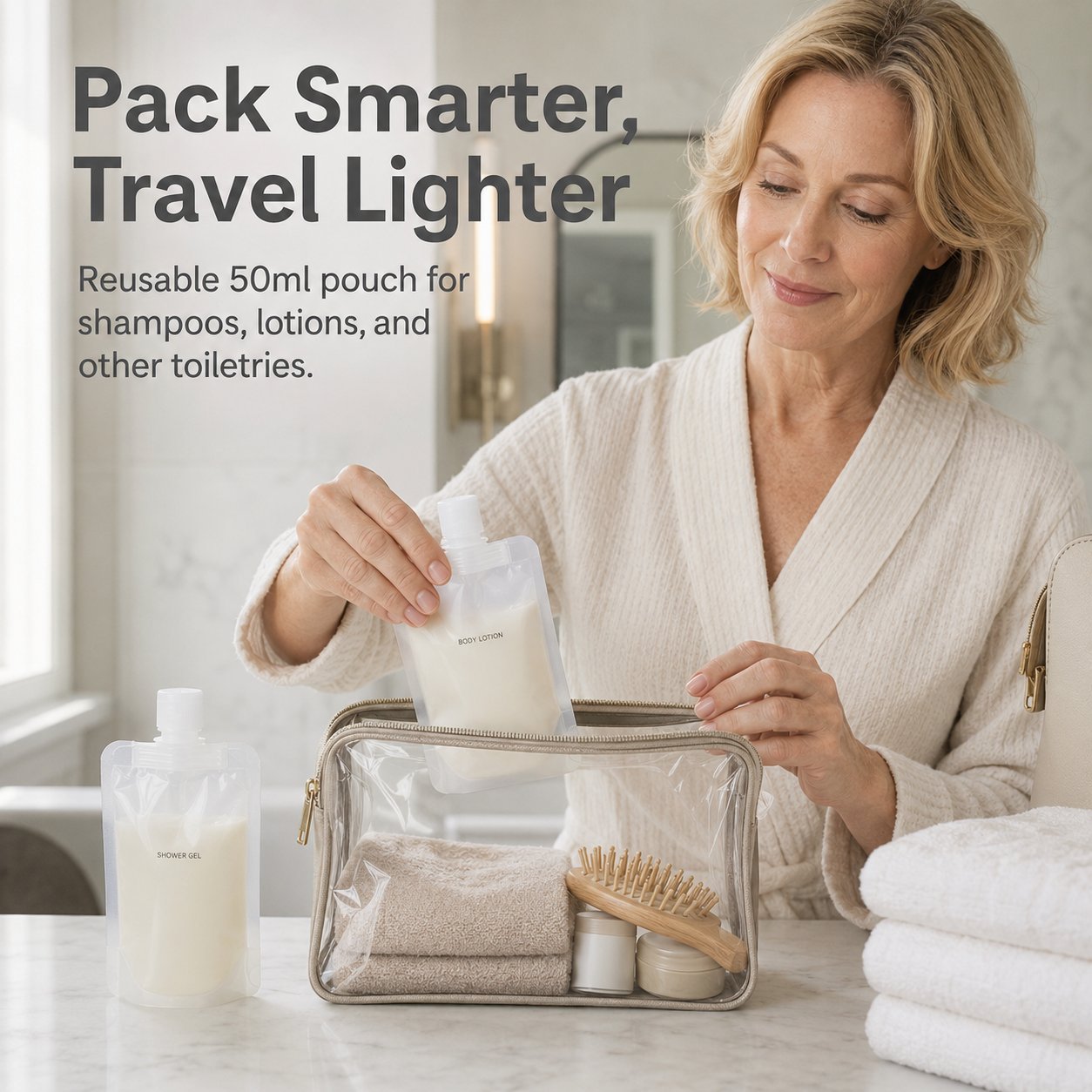 Woman packing labeled reusable 50ml toiletry pouches into a clear travel bag