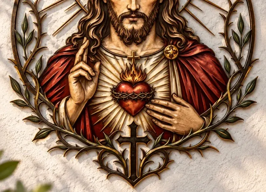 Decorative olive branches and cross details on Sacred Heart of Jesus wall art