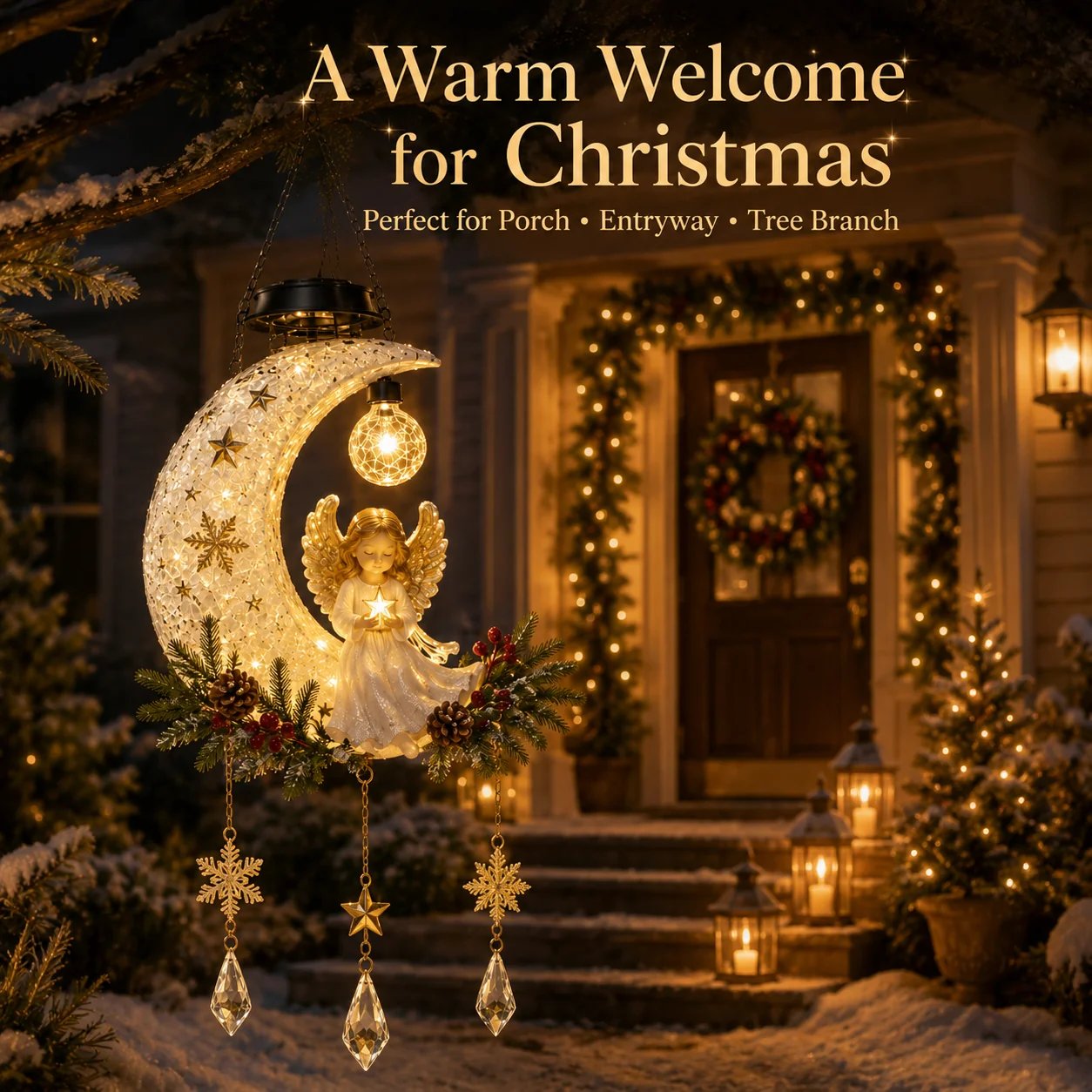 Angel Moon solar Christmas light decorating a warm front porch
