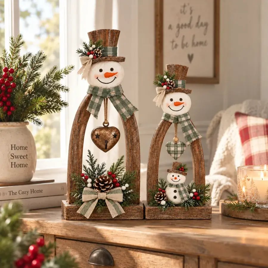The coordinating snowmen beside a window, greenery and a reading corner.