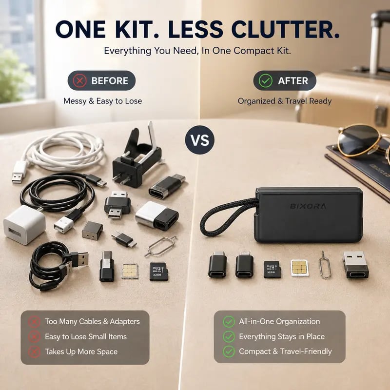 Comparison of loose cable clutter and the compact organized cable kit