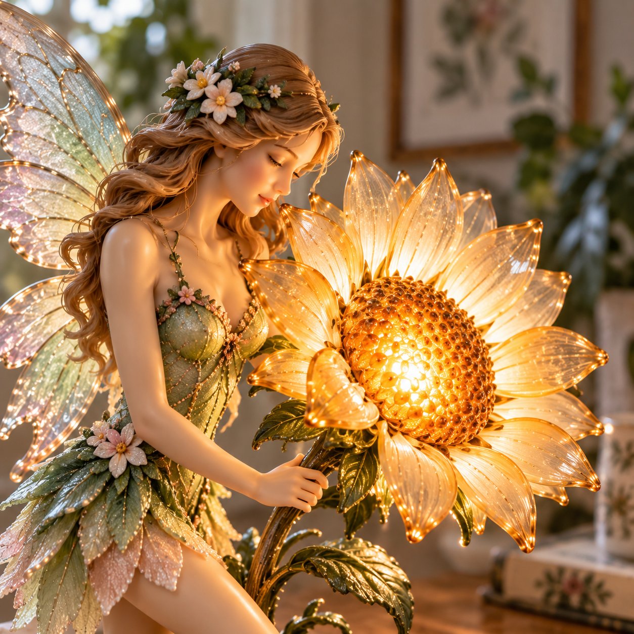 Sunflower fairy lamp displayed as whimsical botanical home decor