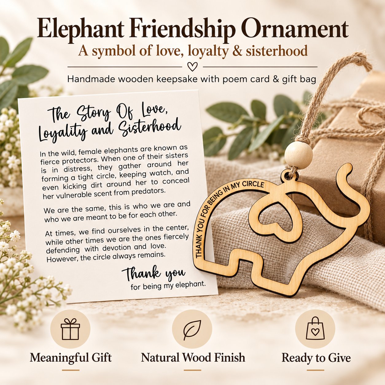 Sisterhood elephant wooden keepsake