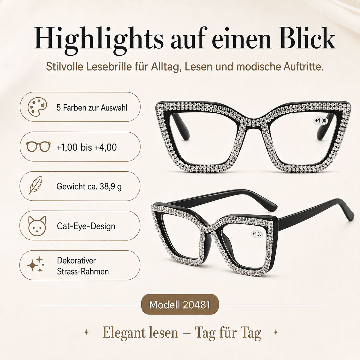 Sparkling reading glasses details