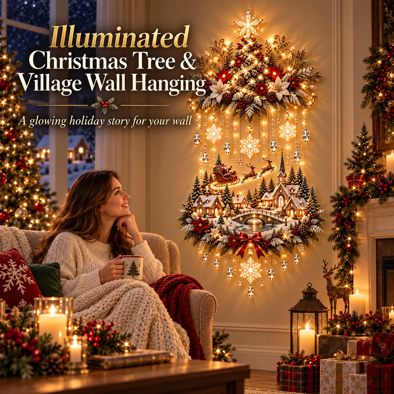 Illuminated Christmas Tree and Village Wall Hanging