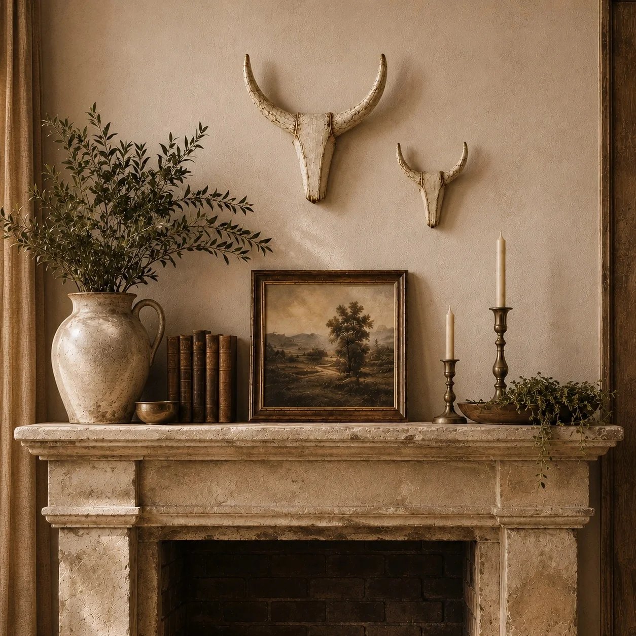 Large and small longhorn wall sculptures above fireplace