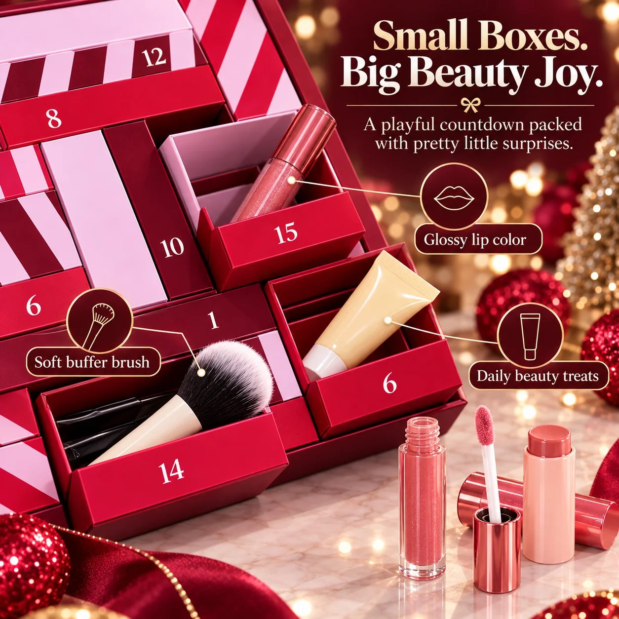 Close-up of beauty advent calendar drawers with glossy lip color brush and tube-style beauty items