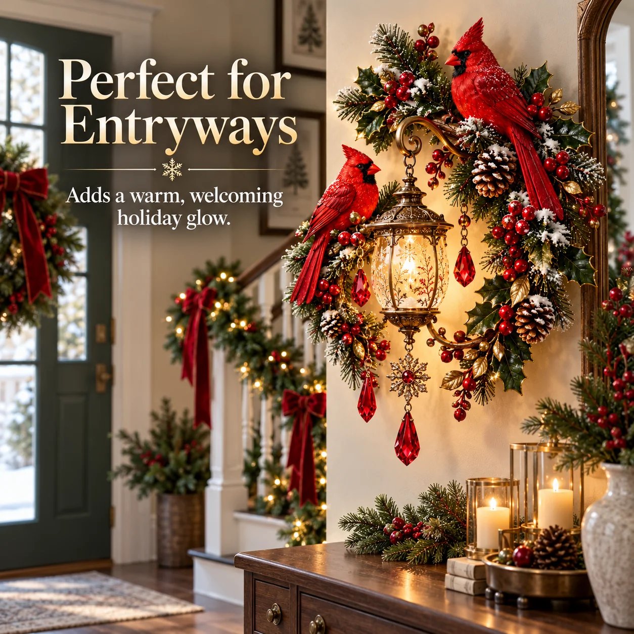 Meaningful red cardinal and glowing lantern Christmas wall decoration
