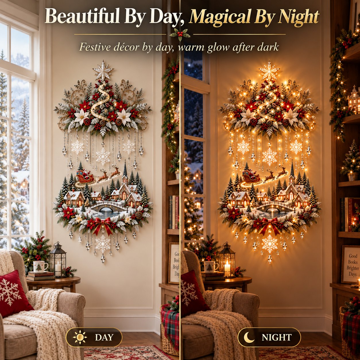 Christmas village wall hanging shown by day and night