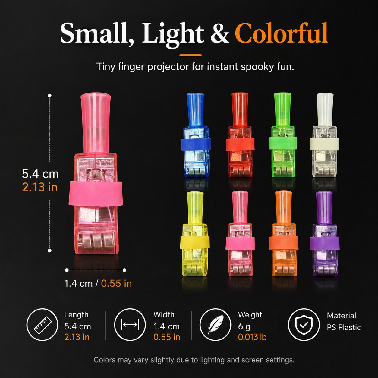 Finger projector color selection and dimensions showing 5.4 centimeter length, 1.4 centimeter width and 6 gram weight
