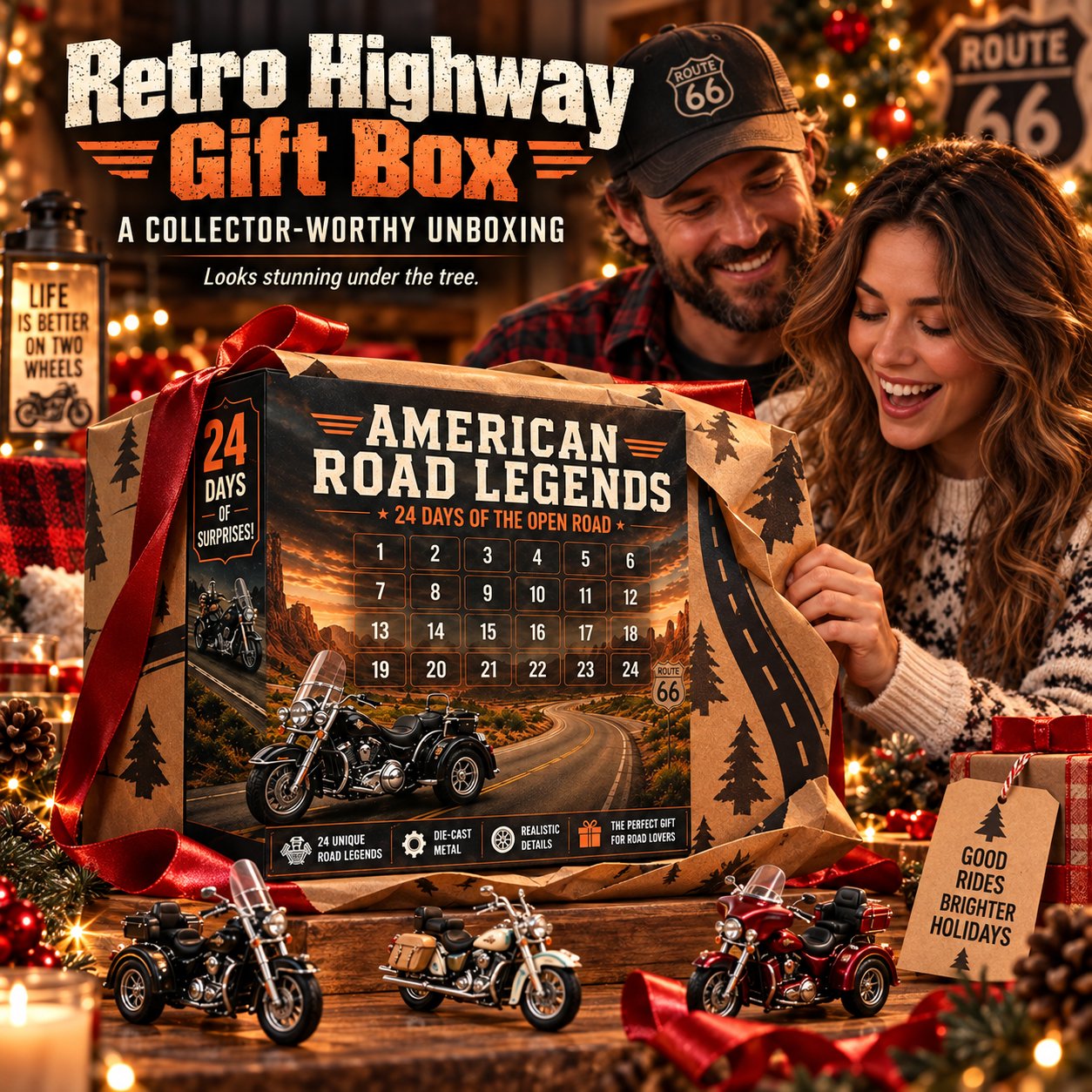 Retro highway motorcycle advent calendar shown in a festive gift-wrapping scene