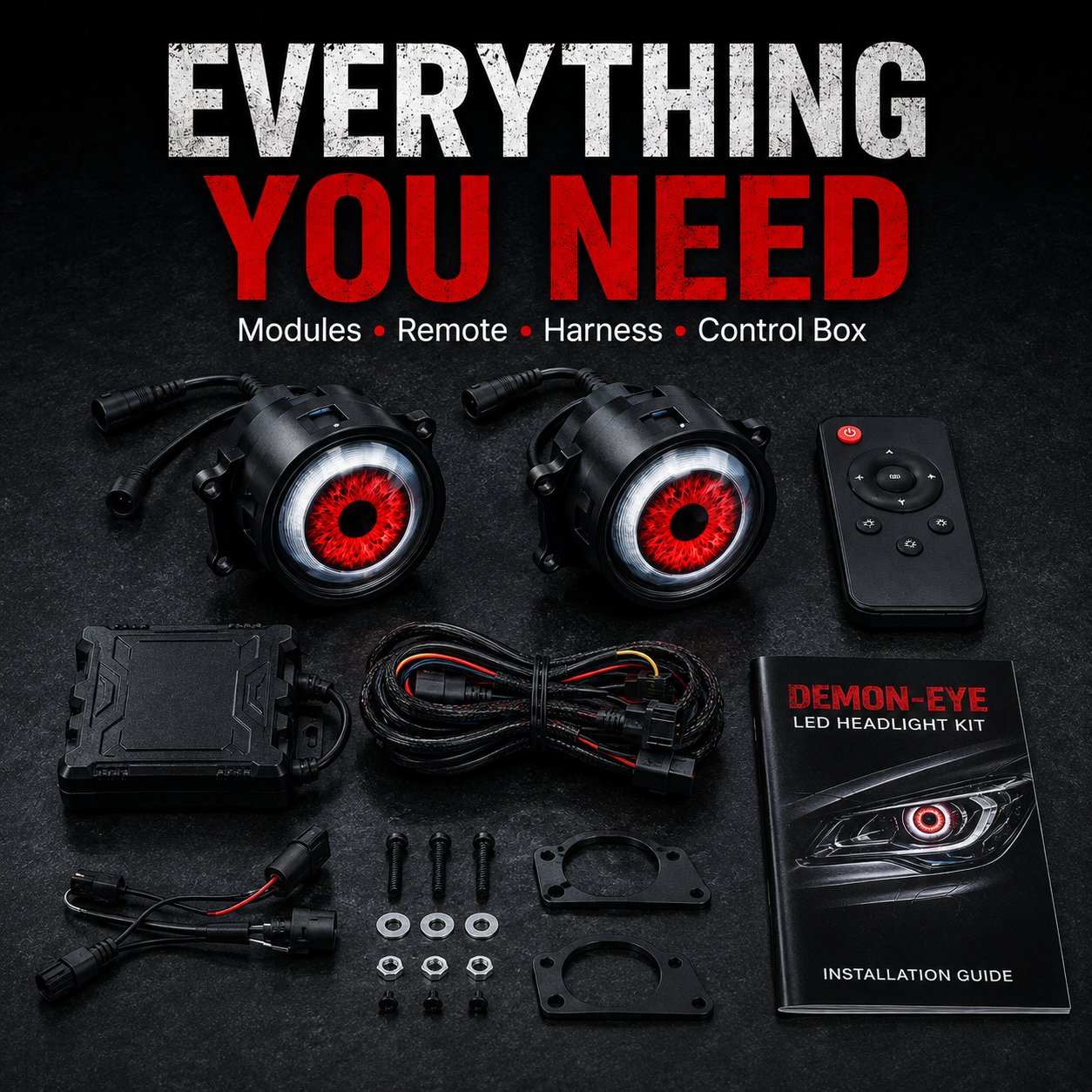 Demon Eye RGB headlight kit modules remote control wiring and installation components