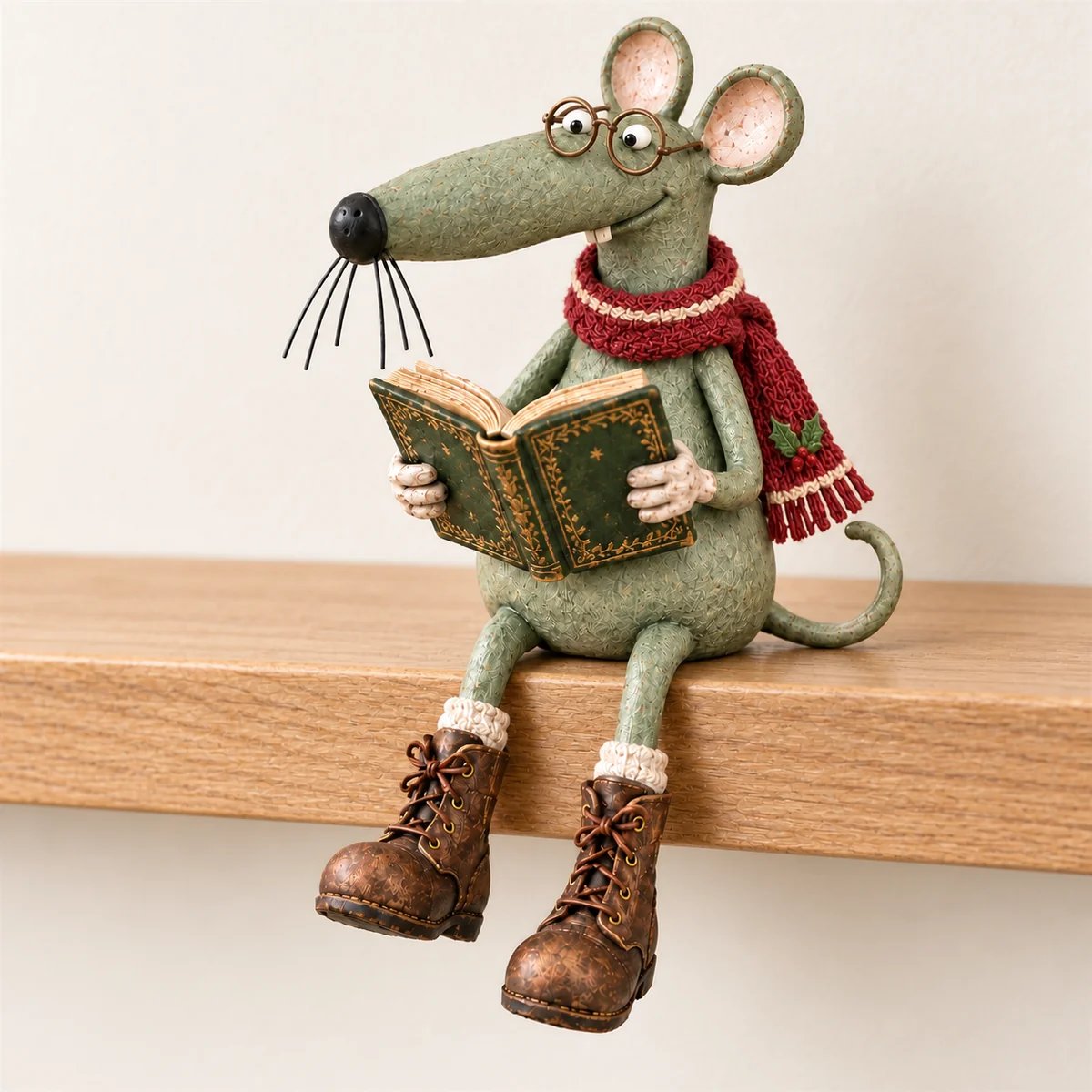 Reading mouse figurine holding a green book, wearing a red scarf and brown boots