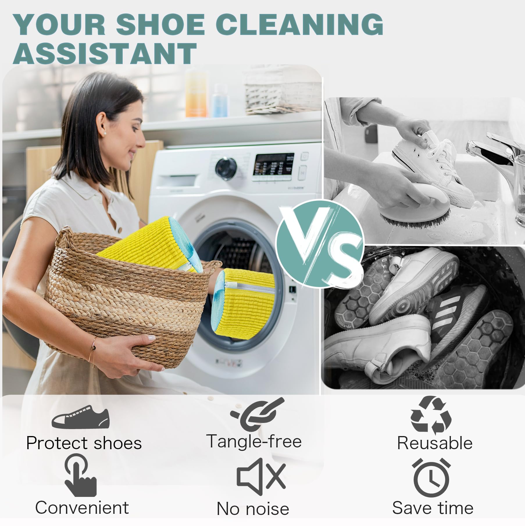 Reusable shoe laundry bag compared with hand washing and loose machine washing