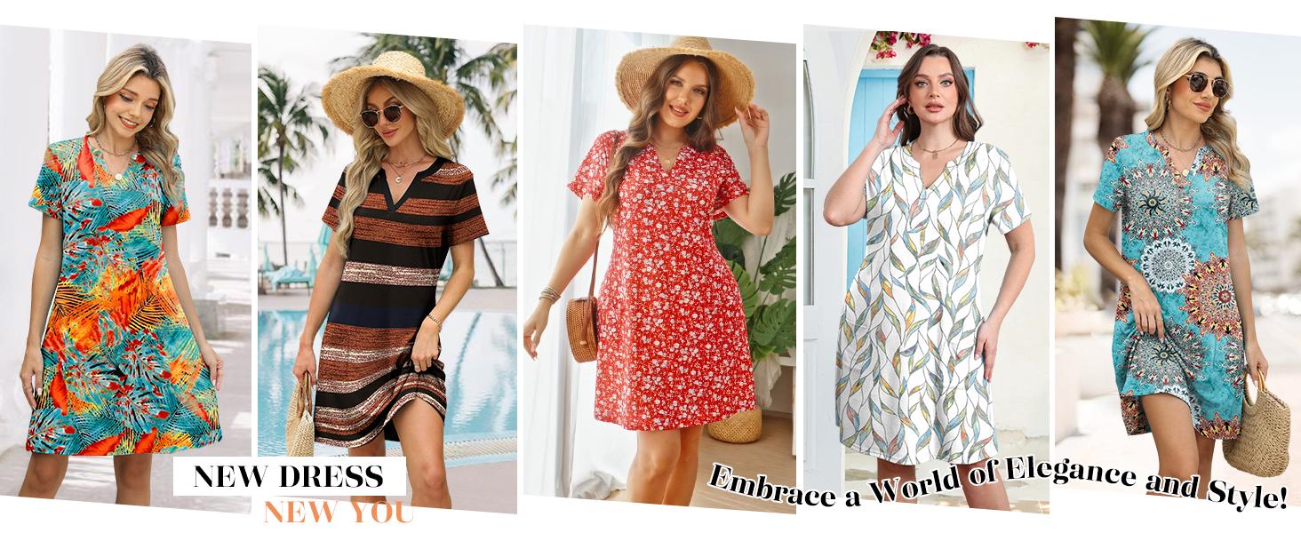 OFEEFAN  Summer Dress Dresses for Women 2026 Casual Summer V Neck Wedding Guest Dress Short Sleeve Fashion Beach Vacation Clothes