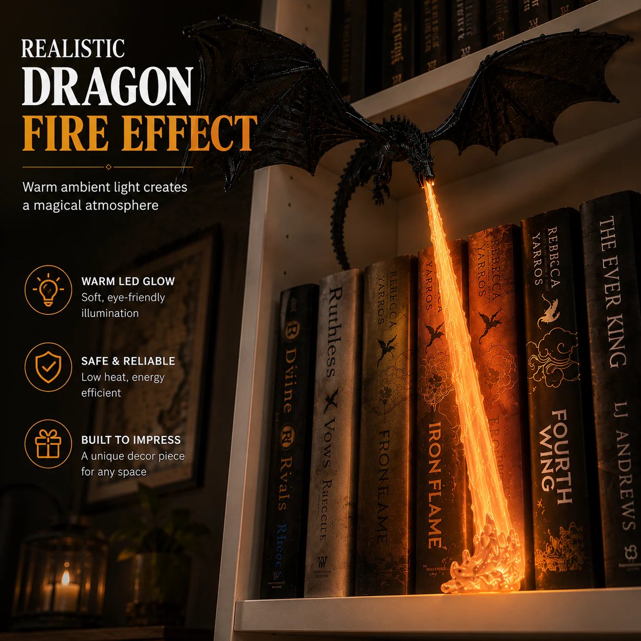 Fire-breathing dragon bookshelf decor lamp with glowing LED flame
