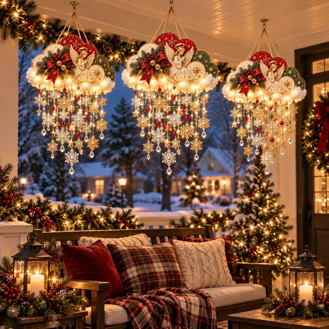 Multiple Christmas snowfall clouds decorating a porch