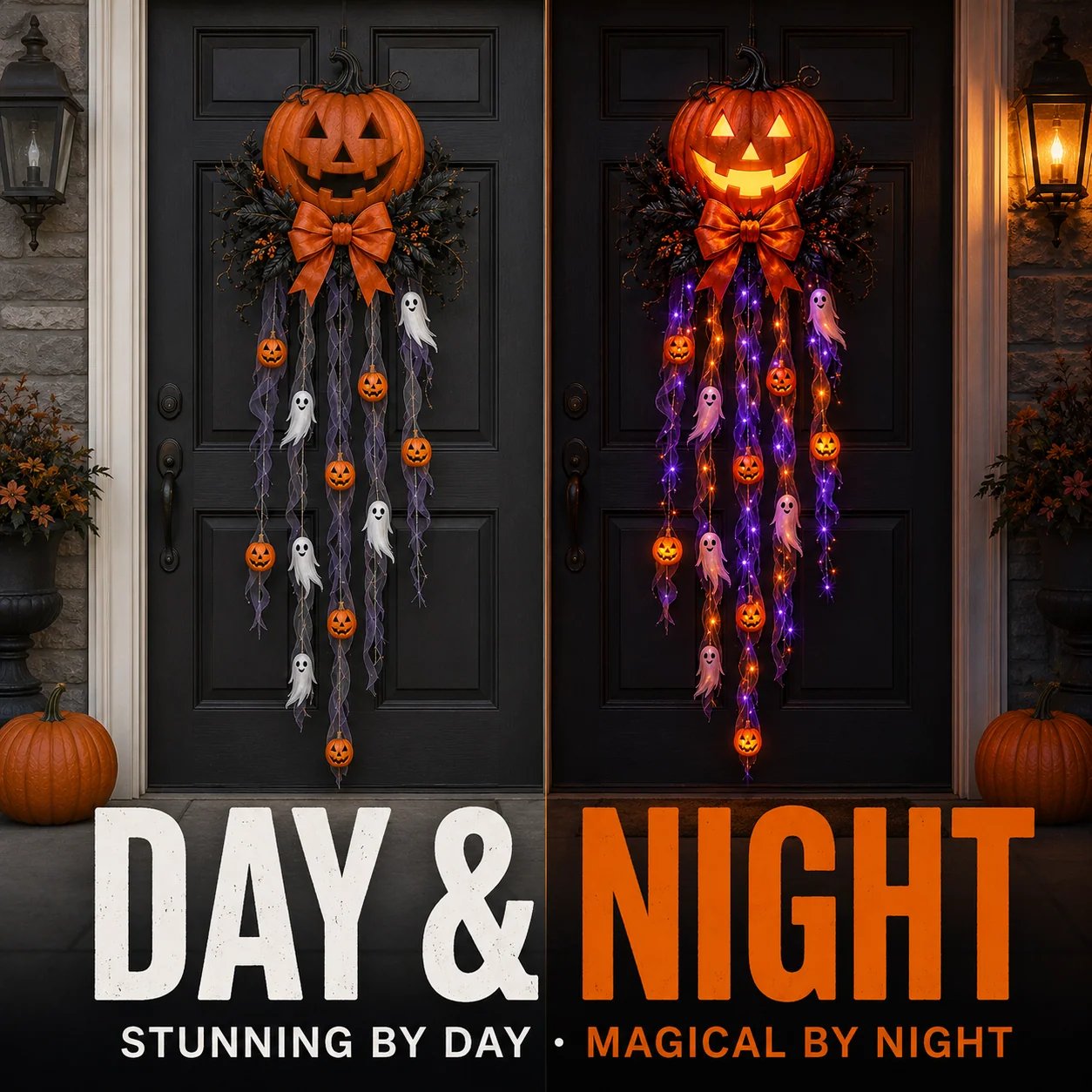 Halloween Door Cascade day and night comparison