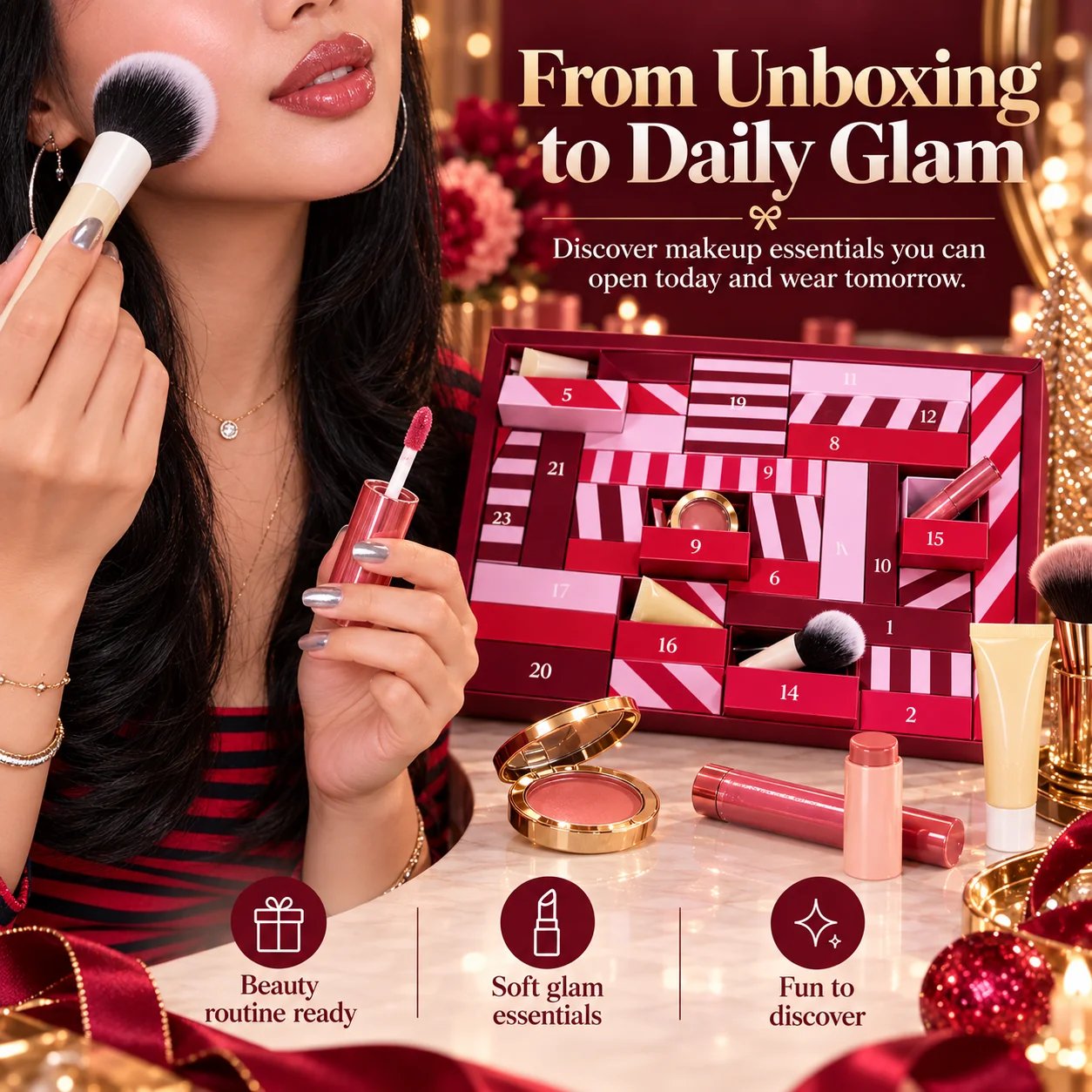 Woman using beauty brush and lip product beside 24-day makeup advent calendar