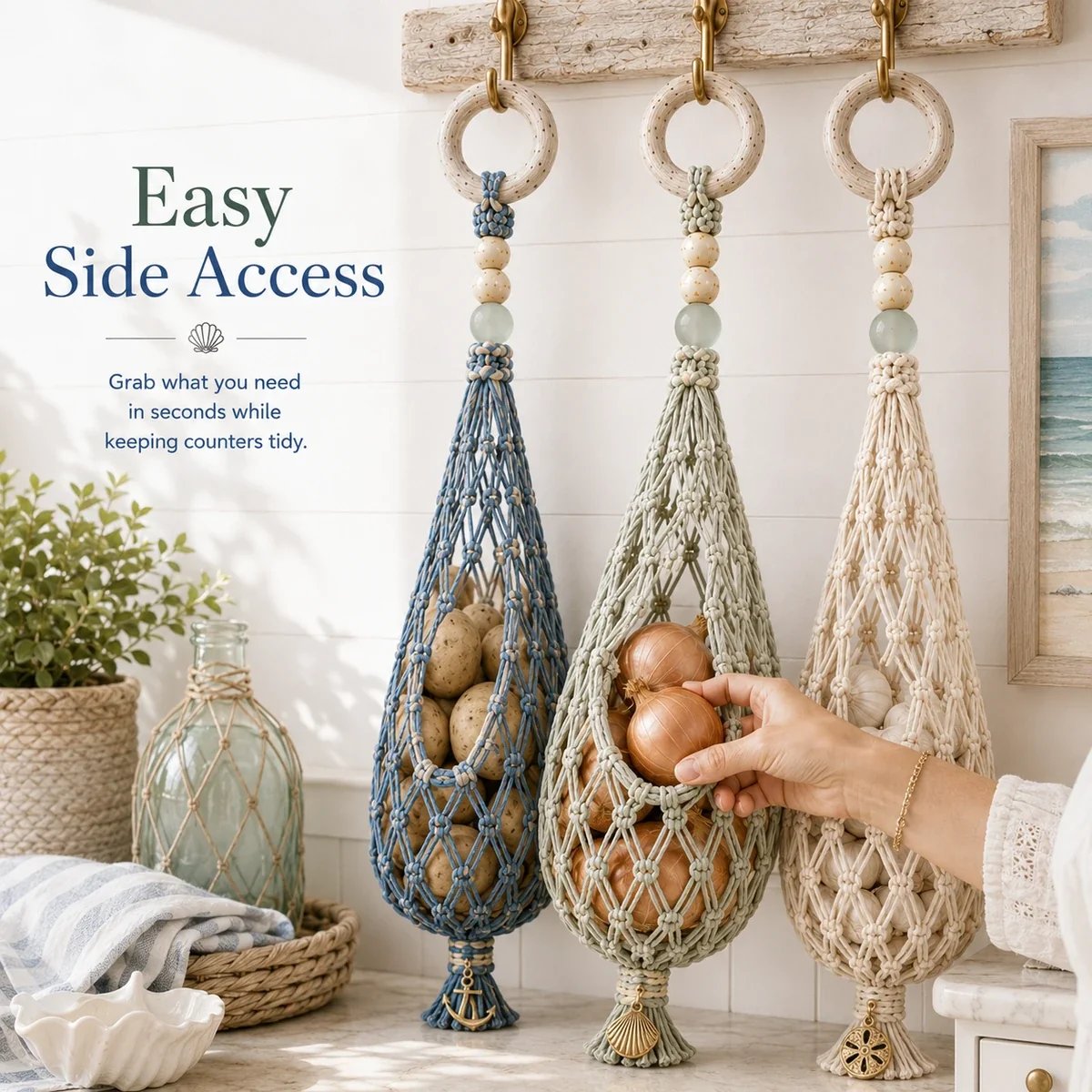 Easy side access on coastal hanging produce organizer