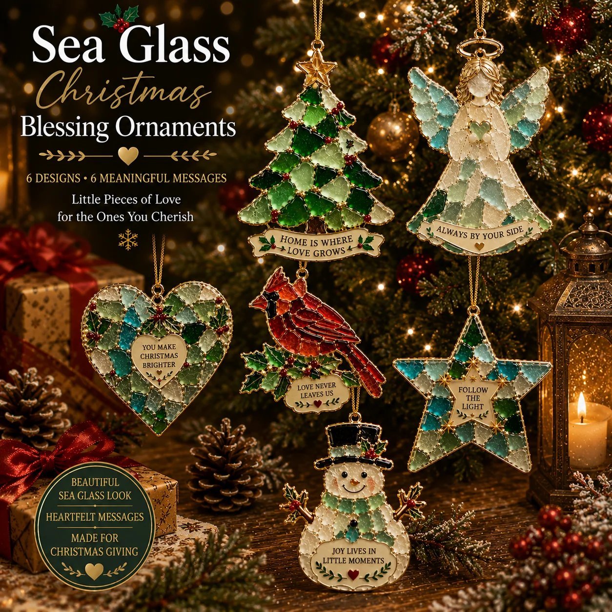 Six Sea Glass Christmas Blessing Ornament designs