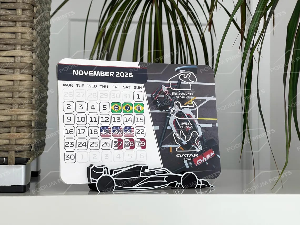 Formula 1 2026 Calendar with F1 race schedule, featuring all 2026 Grand Prix weekends. Includes a custom F1 car stand and 12 premium cardstock pages. Perfect gift for Formula 1 fans, F1 enthusiasts, and motorsport lovers. Ideal desktop accessory or stocking stuffer for the 2026 Formula One season. Handmade, minimalist, and designed for offices, desks, or home decor. Great Formula 1 gift idea for birthdays or Christmas. Formula 1 2026 Calendar with F1 race schedule, featuring all 2026 Grand Prix weekends. Includes a custom F1 car stand and 12 premium cardstock pages. Perfect gift for Formula 1 fans, F1 enthusiasts, and motorsport lovers. Ideal desktop accessory or stocking stuffer for the 2026 Formula One season. Handmade, minimalist, and designed for offices, desks, or home decor. Great Formula 1 gift idea for birthdays or Christmas.