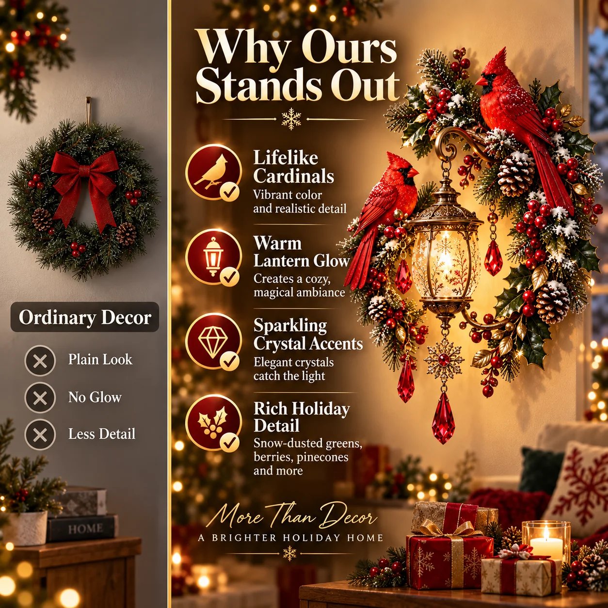 Cardinal lantern wall decor compared with an ordinary holiday wreath