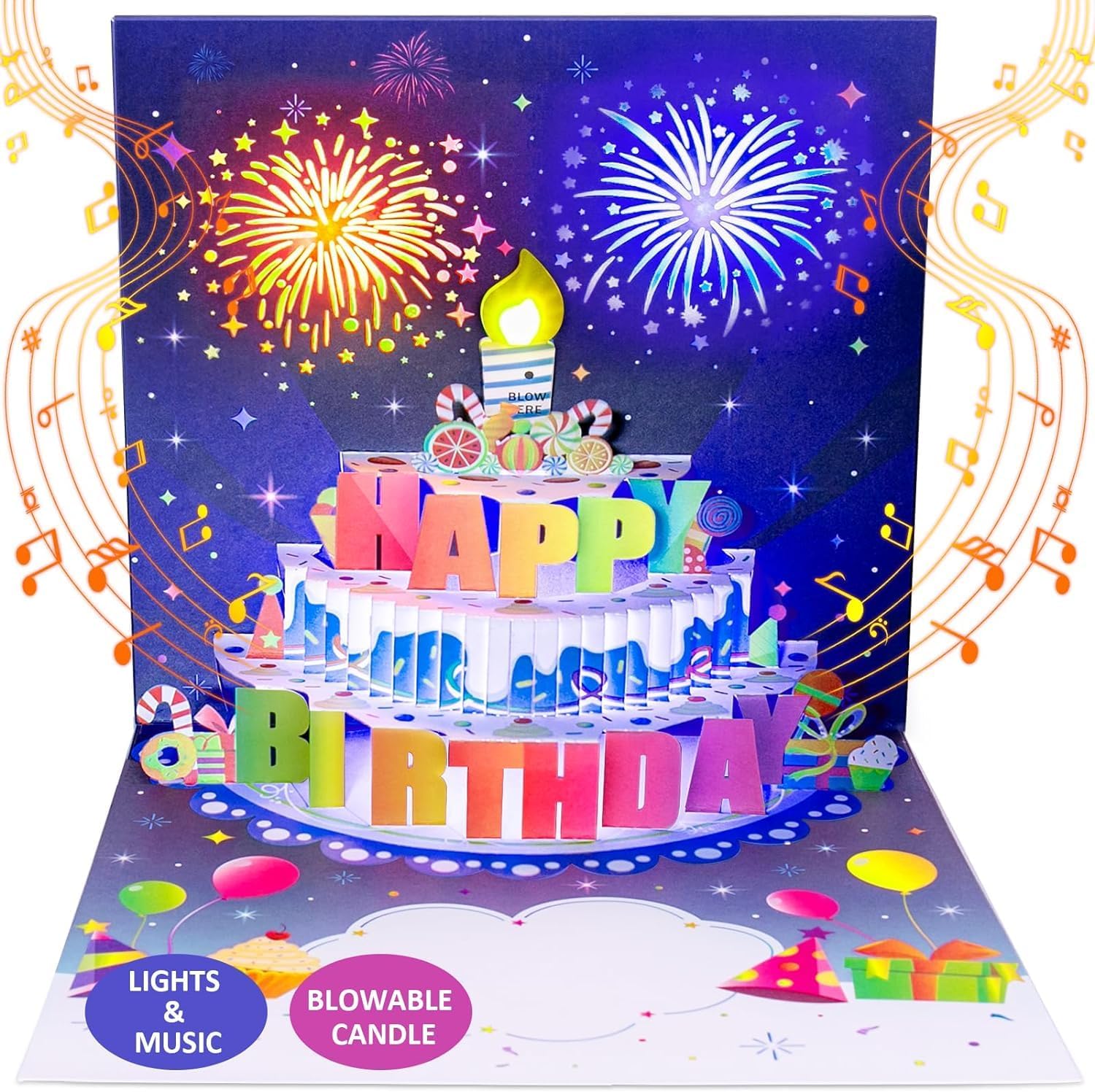 Birthday Cards With Fireworks & Pop Up Cake & Blowable Light and Music - Buy 1