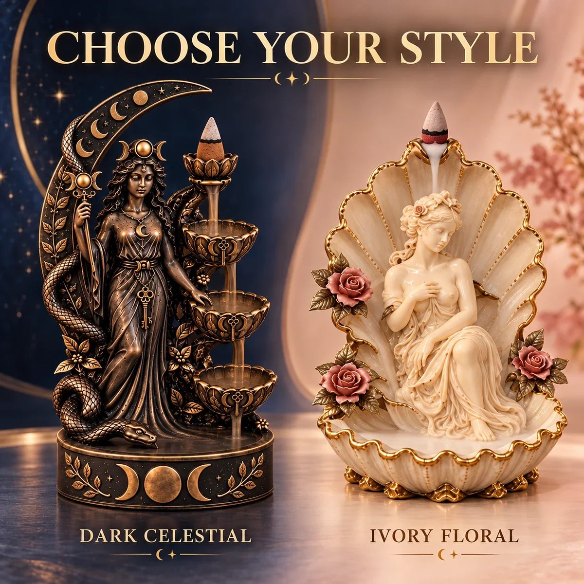 Ivory floral and dark celestial backflow incense burner styles
