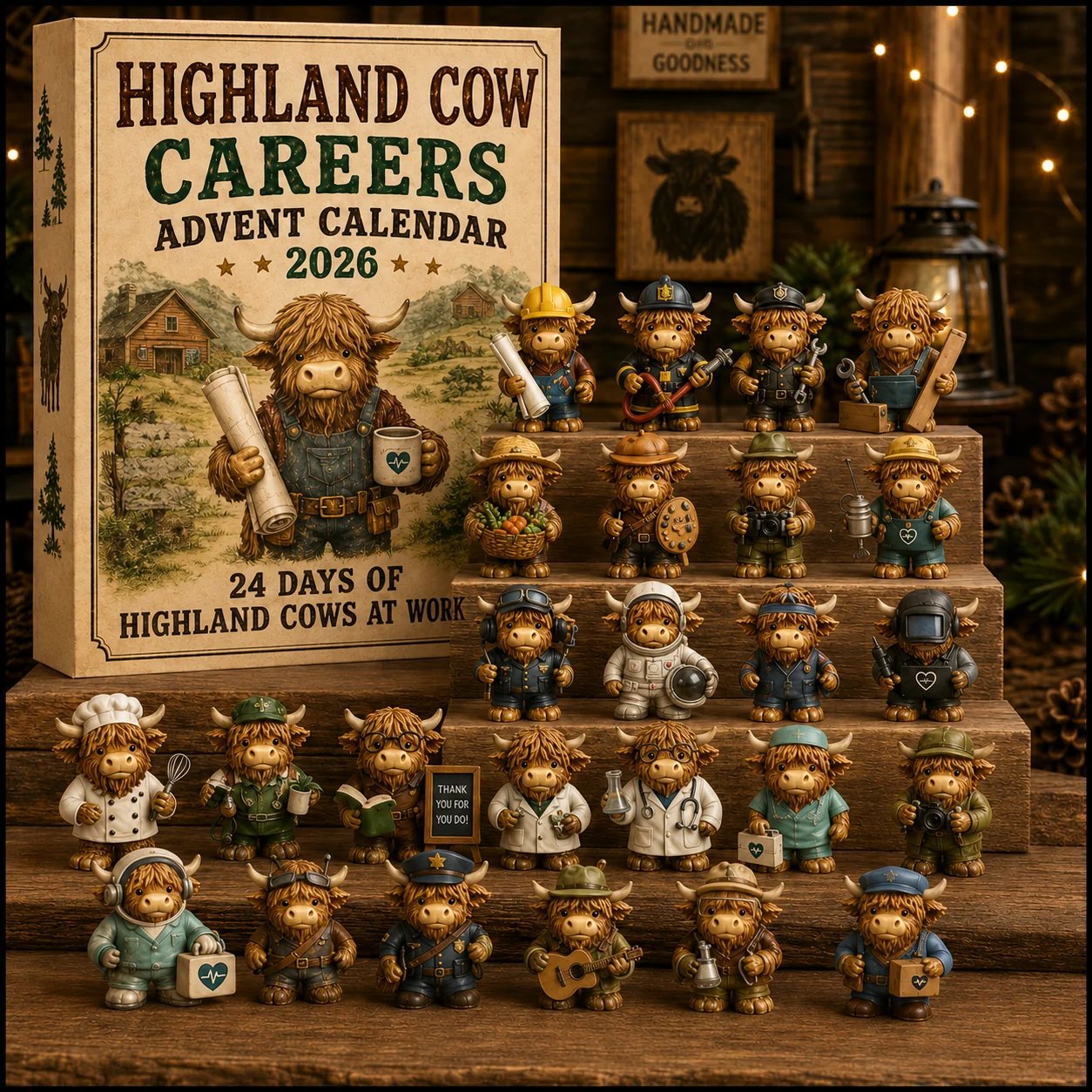 Highland Cow Careers Advent Calendar collection in cozy Christmas living room