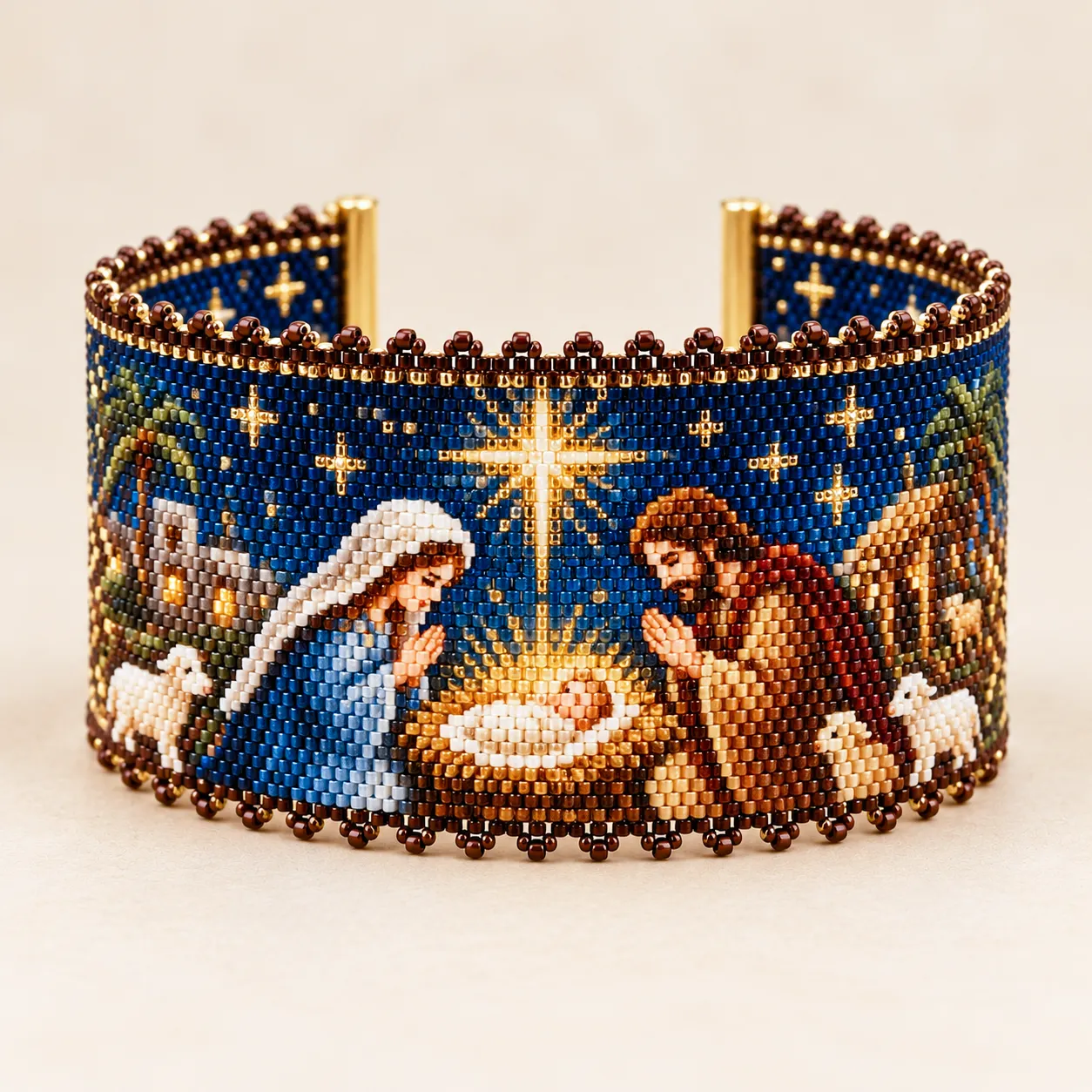 Detailed Nativity cuff featuring Mary Joseph baby Jesus and the Christmas star