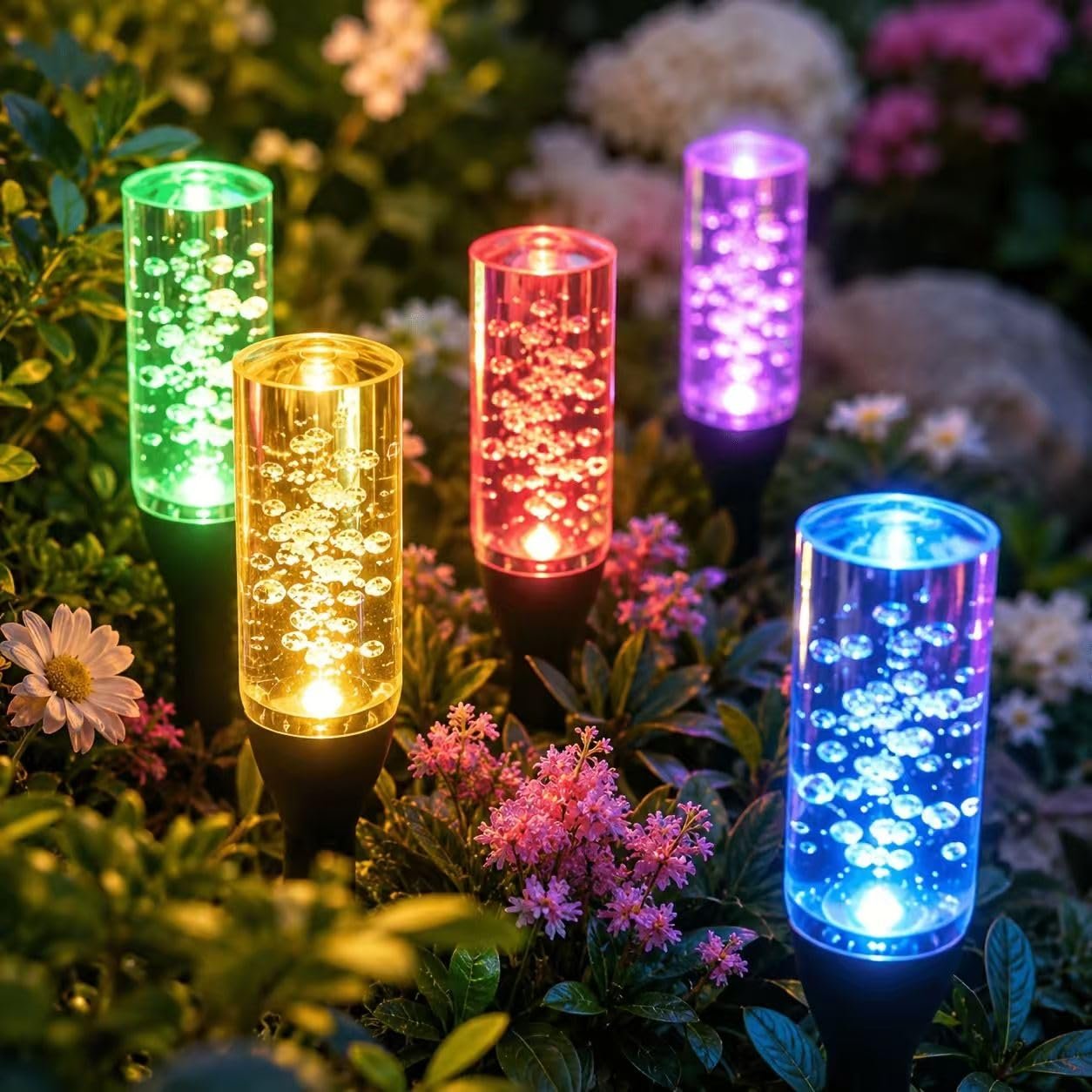 Close view of compact blue bubble stake light size and glow