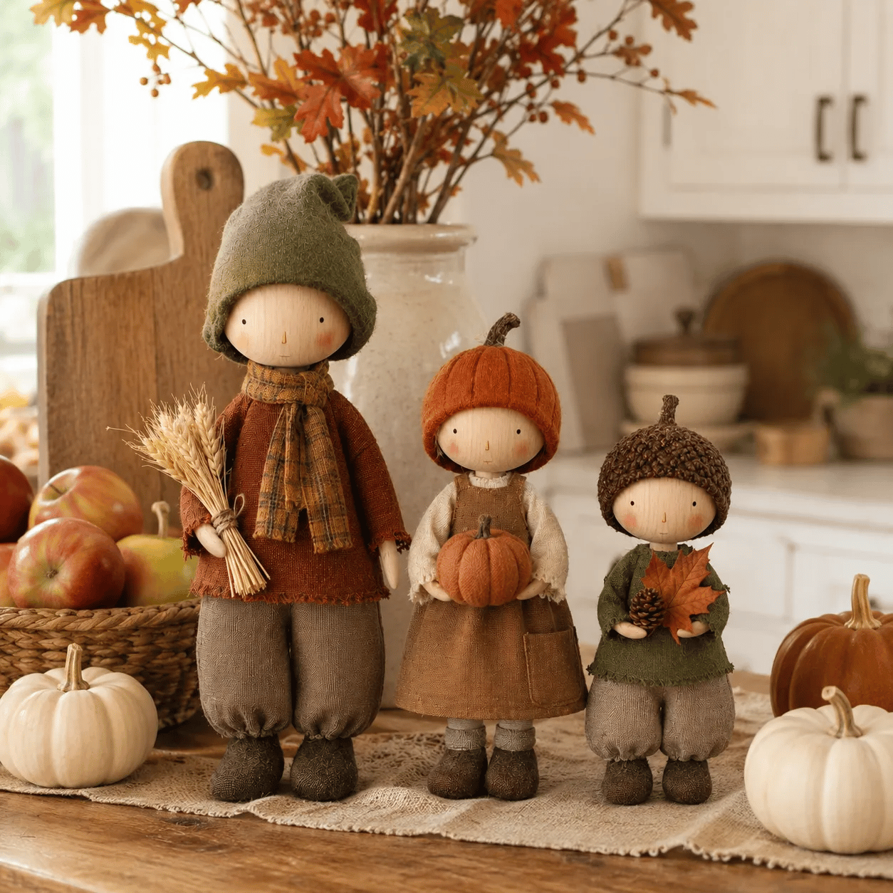 Detail van rustieke herfstfiguren met stoffen kleding en seizoensaccenten